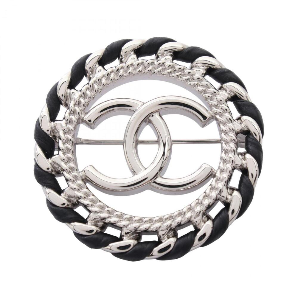 Chanel Coco Mark Circle Brooch, Leather and Metal Accessory, Women's, Black